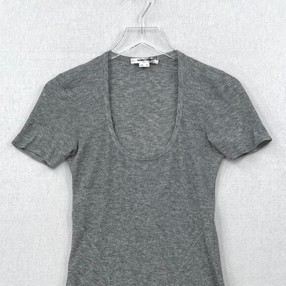 HELMUT LANG Ribbed T Shirt Womens Small Gray Wool Scoop Neck Tunic Shirttail Hem - Picture 3 of 13